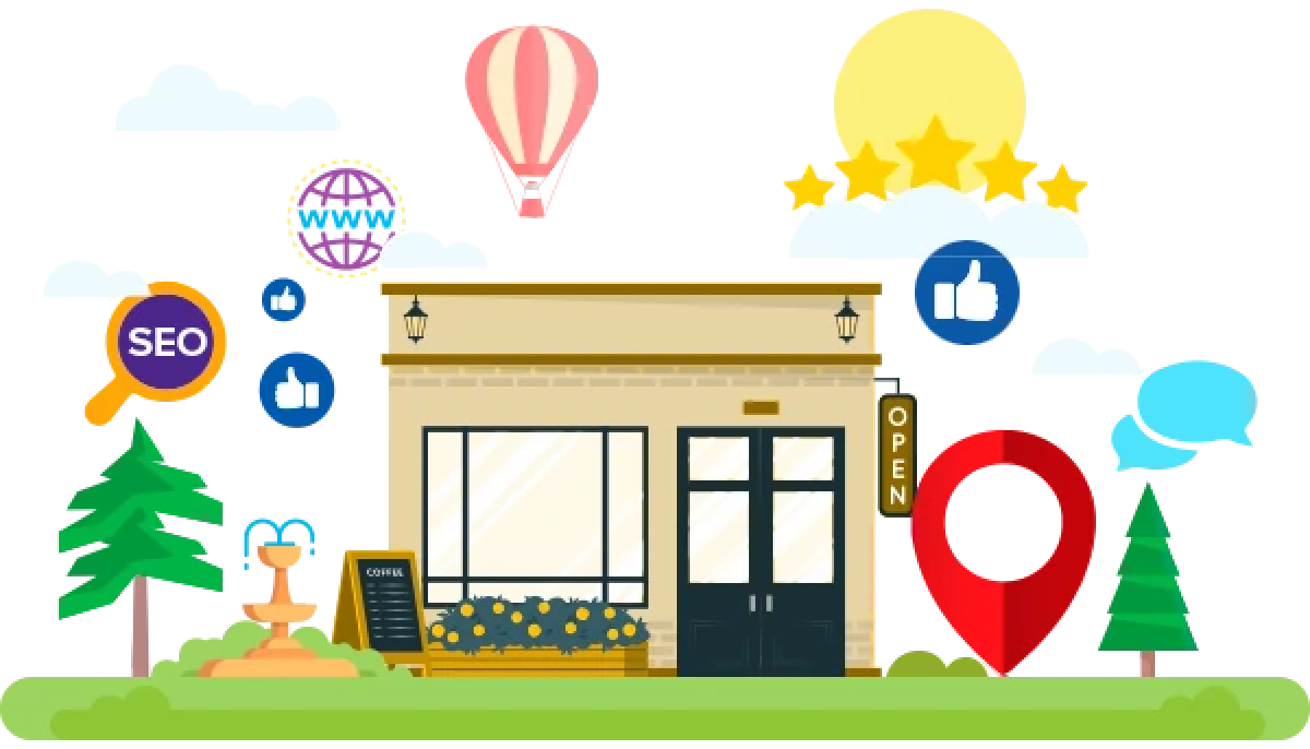 Business storefront with SEO marketing icons